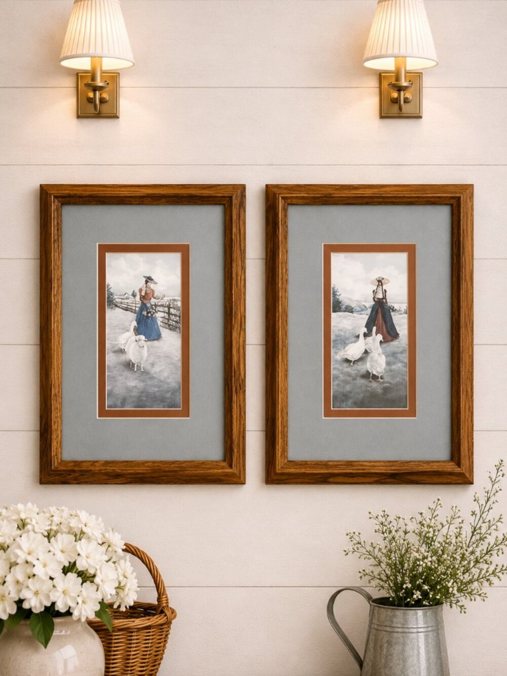 Set of 2 Glynda Turley Framed Victorian Lady & Geese /Geese Sheep Prints